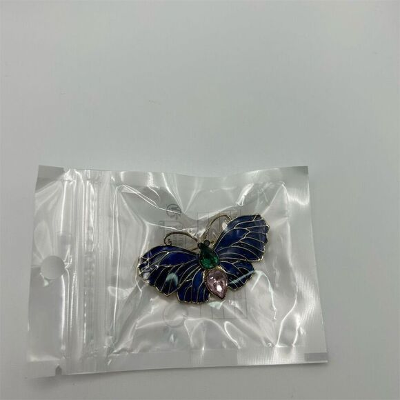 Small Dainty Blue Butterfly Brooch with Green & Pink Rhinestones Whimsical - Picture 5 of 11
